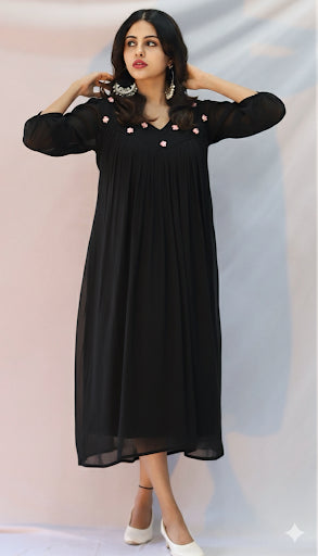 Hamsam Black Satin flower Embellished Dress