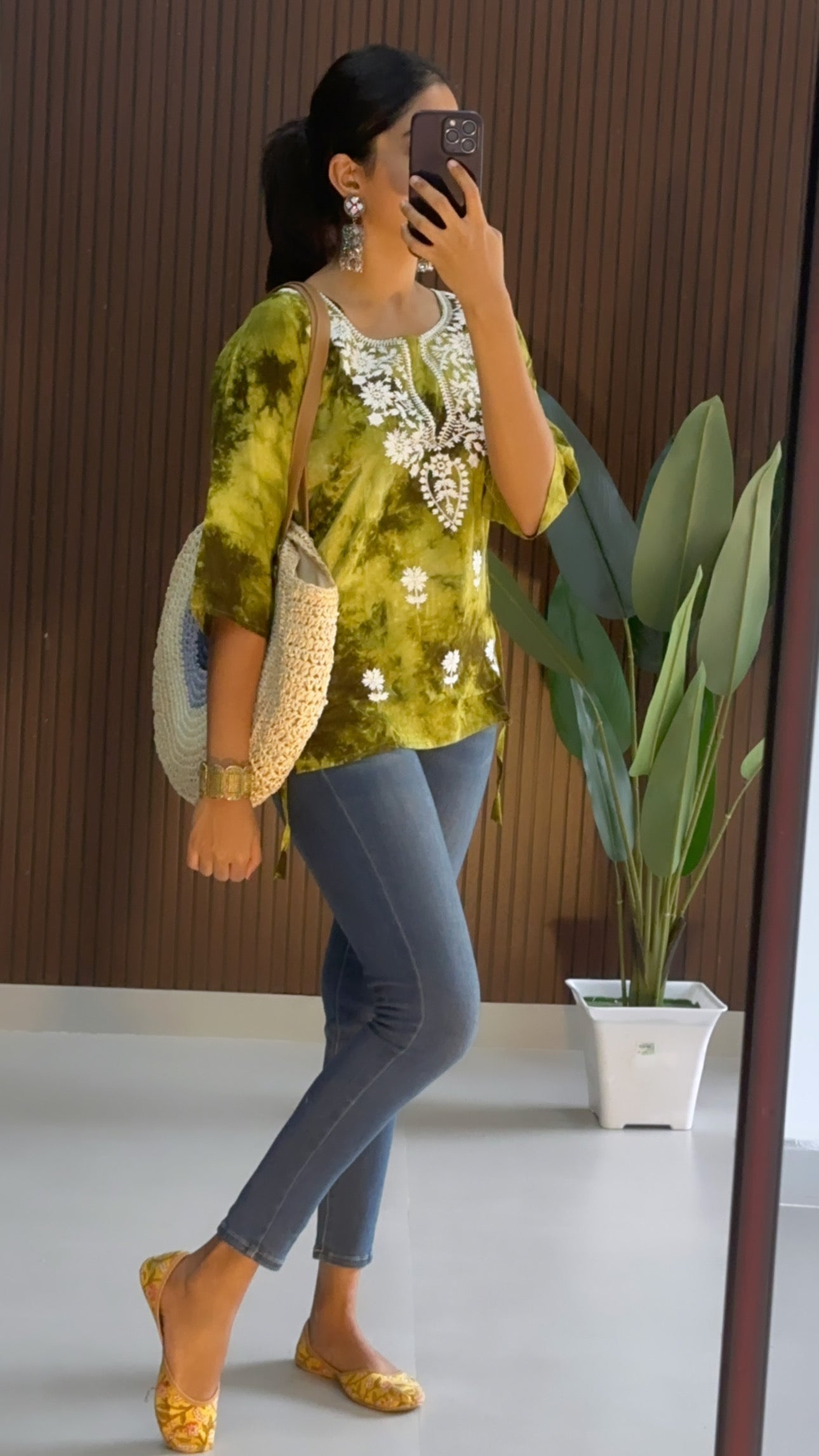 Green Chickankari Tie Dye Short Kurti