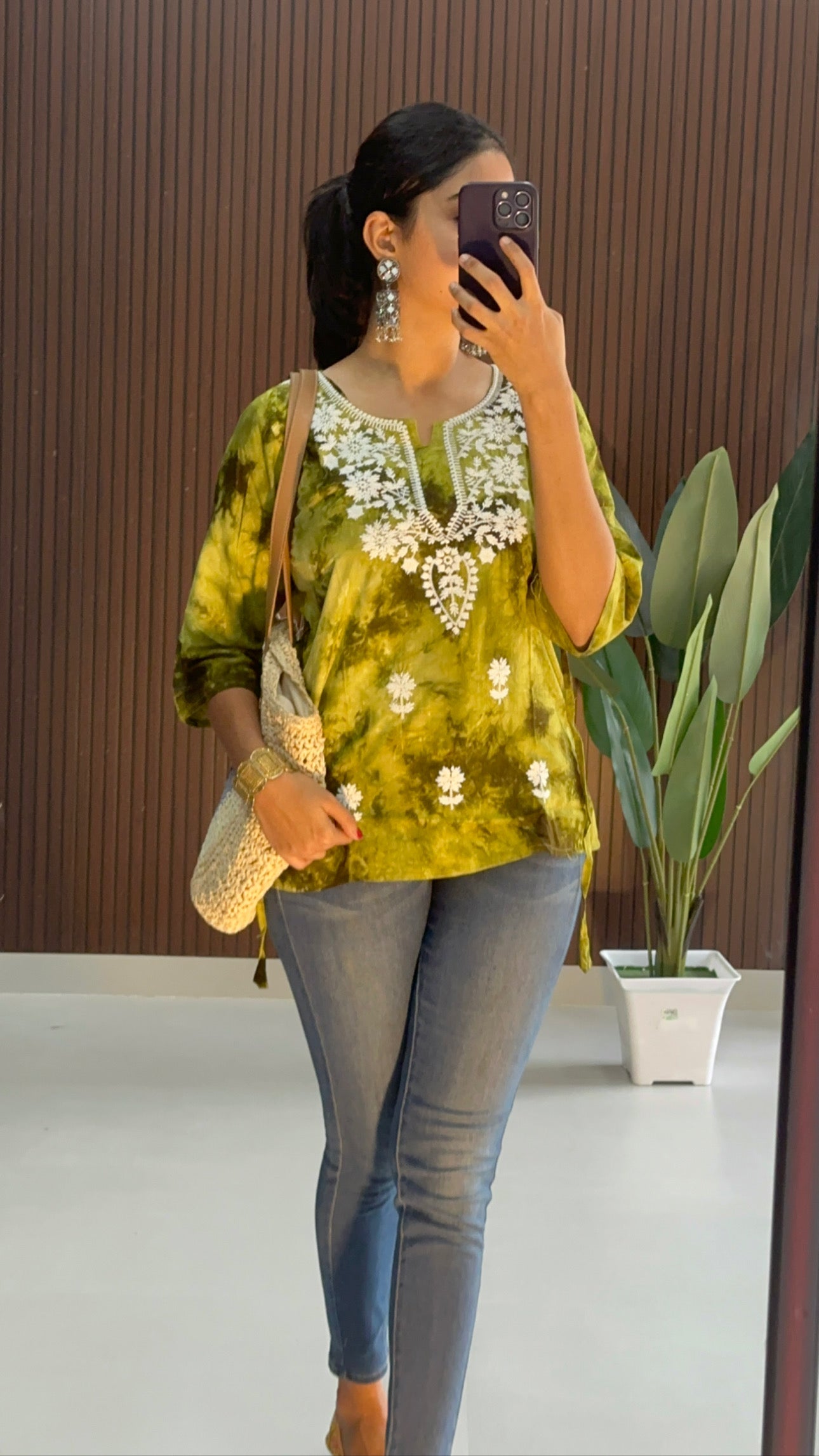 Green Chickankari Tie Dye Short Kurti