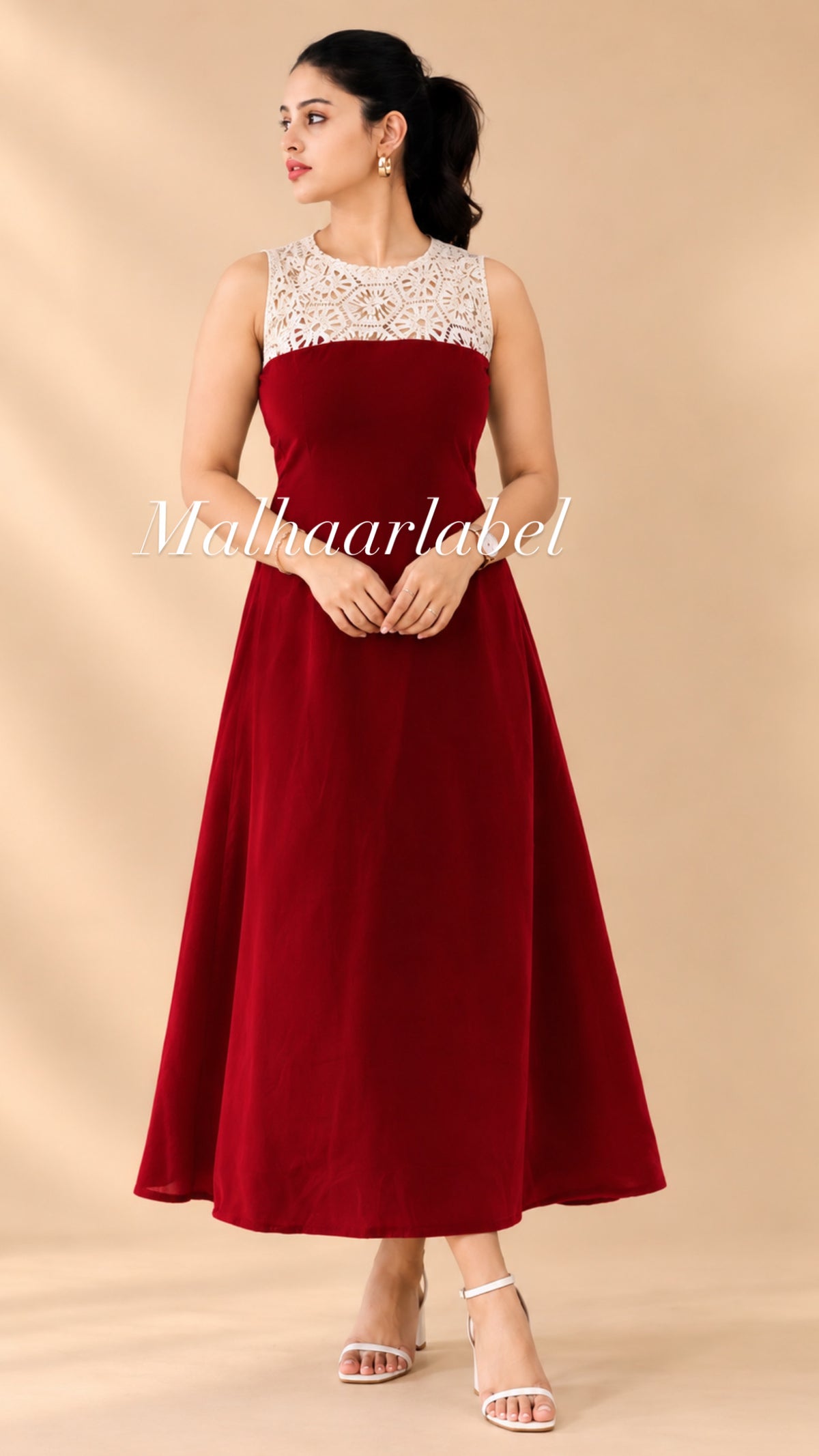 Joy velvet dress:christmas collection 2026:crochet cutwork lace yoke