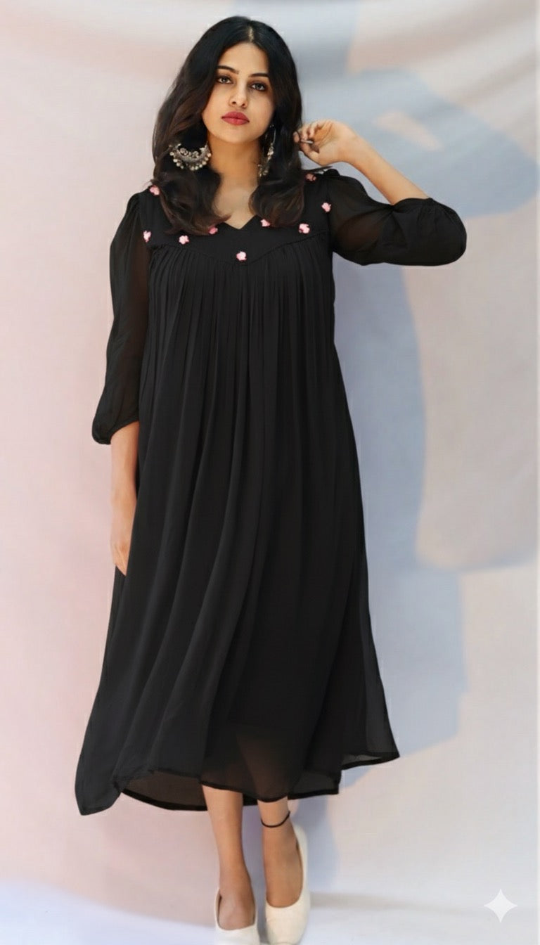 Hamsam  Black Satin flower Embellished Dress