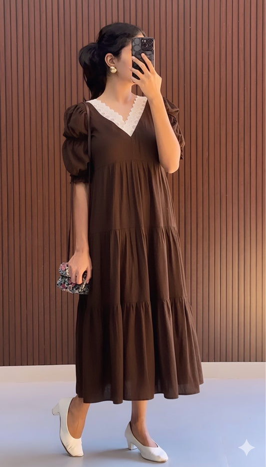 Cyan   Casual  Dress -Brown