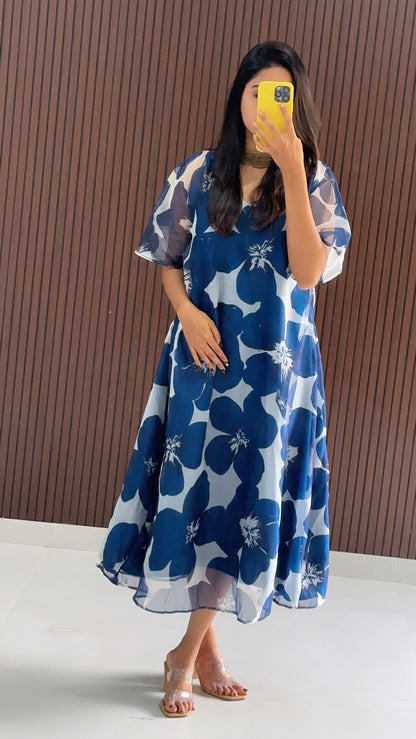 Navy Chanderi printed kaftan  Dress