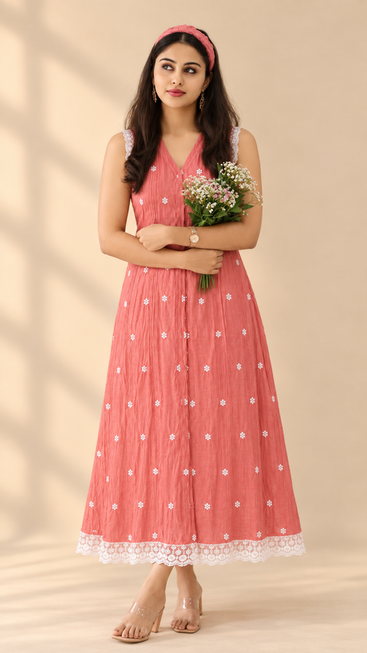 Messoi  MUL CHANDERI  Embroidery Dress: pintuck