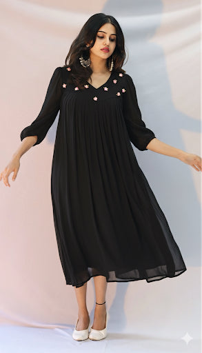 Hamsam  Black Satin flower Embellished Dress